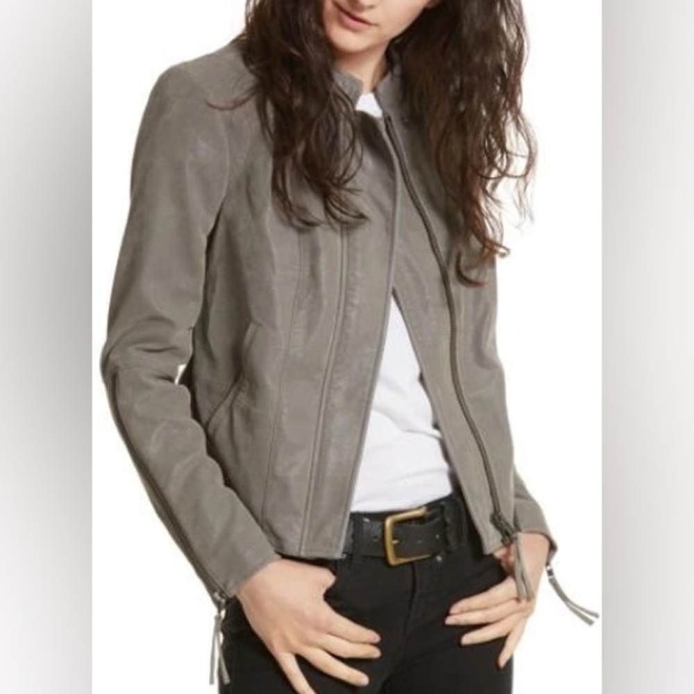 Free People Cool & Clean Moto Jacket Faux-Suede Knit Side Panels Steel Gray